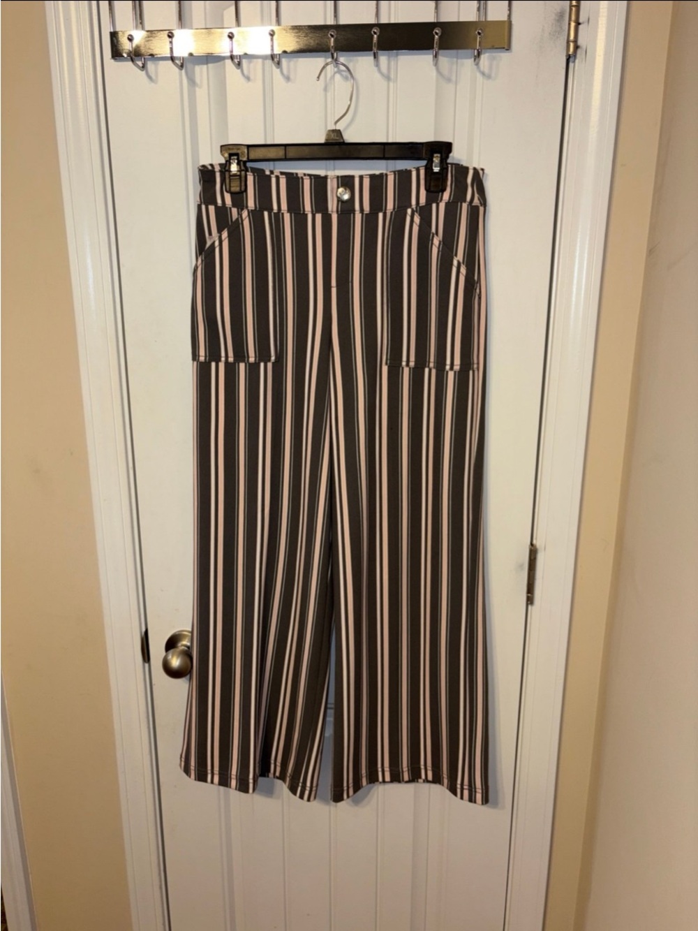 Cato Brown and Cream Vertical-Stripe Wide Leg Pants